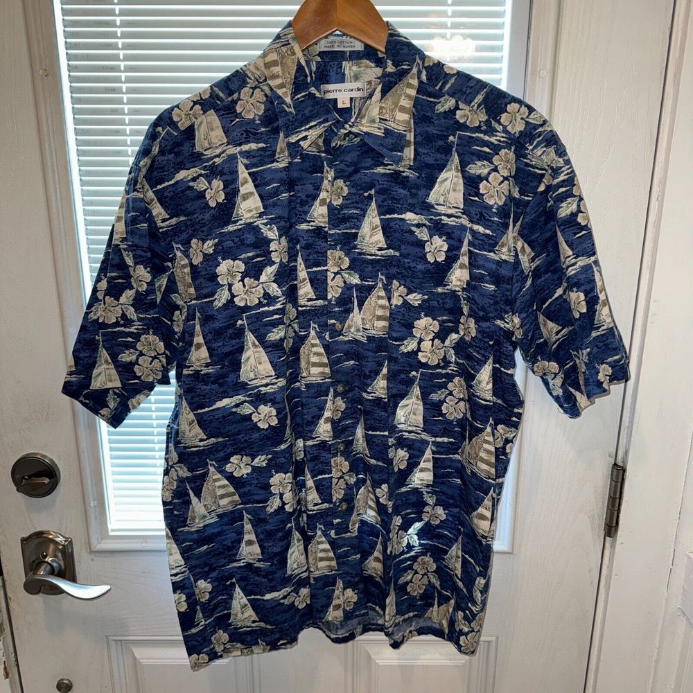Pierre Cardin Shirt Mens L Blue Sailboats Floral‎ 100% Cotton Vintage Korea